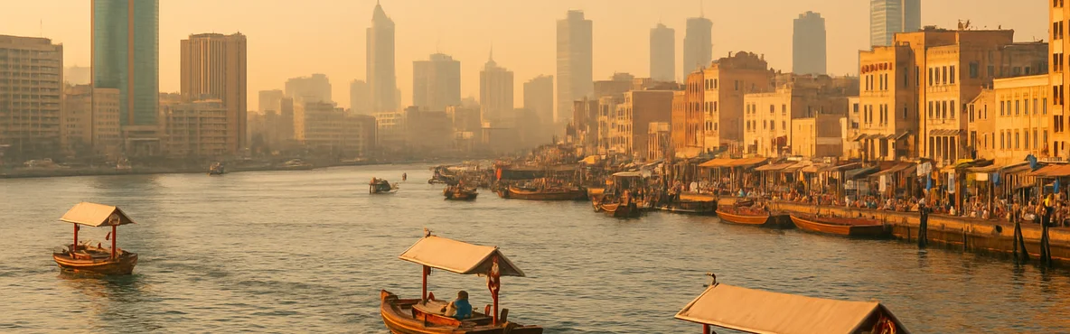 Generated image: traditional boats cross Dubai Creek with Deira and the Dubai skyline in the background.