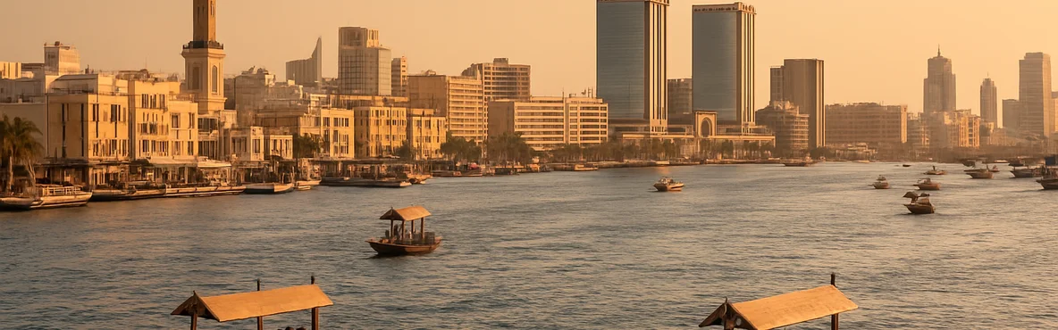 Generated image: wooden boats cross Dubai Creek with the Deira skyline in the background.