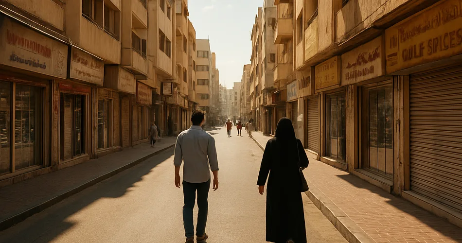A lively Deira street lined with neighborhood shops and mid-rise buildings.